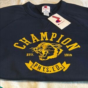 New Champion Navy Sweatshirt Yellow lettering can be worn by either man or woman